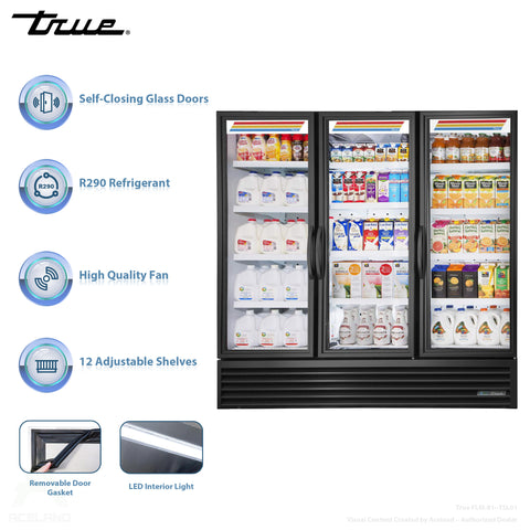 True FLM-81~TSL01 81" Three Section Glass Door Merchandiser w/ Swinging Doors, Black, 115v