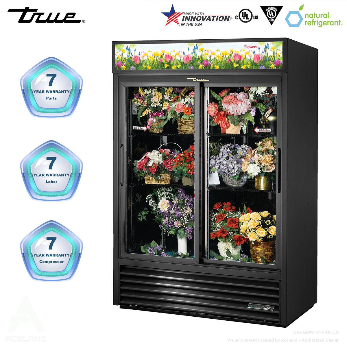 True GDM-47FC-HC-LD 54" Double Slide Glass Door Black Floral Merchandiser