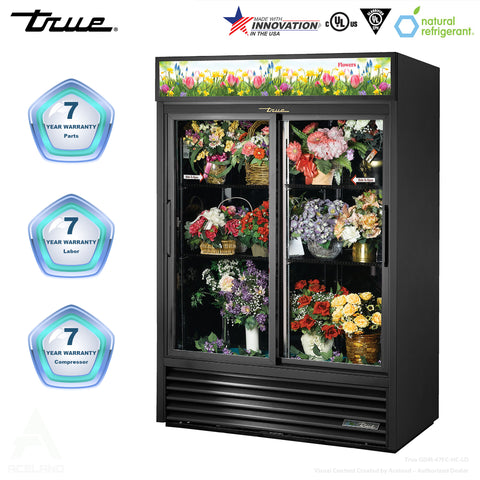 True GDM-47FC-HC-LD 54" Double Slide Glass Door Black Floral Merchandiser