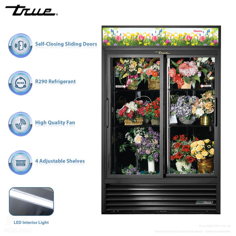 True GDM-47FC-HC-LD 54" Double Slide Glass Door Black Floral Merchandiser