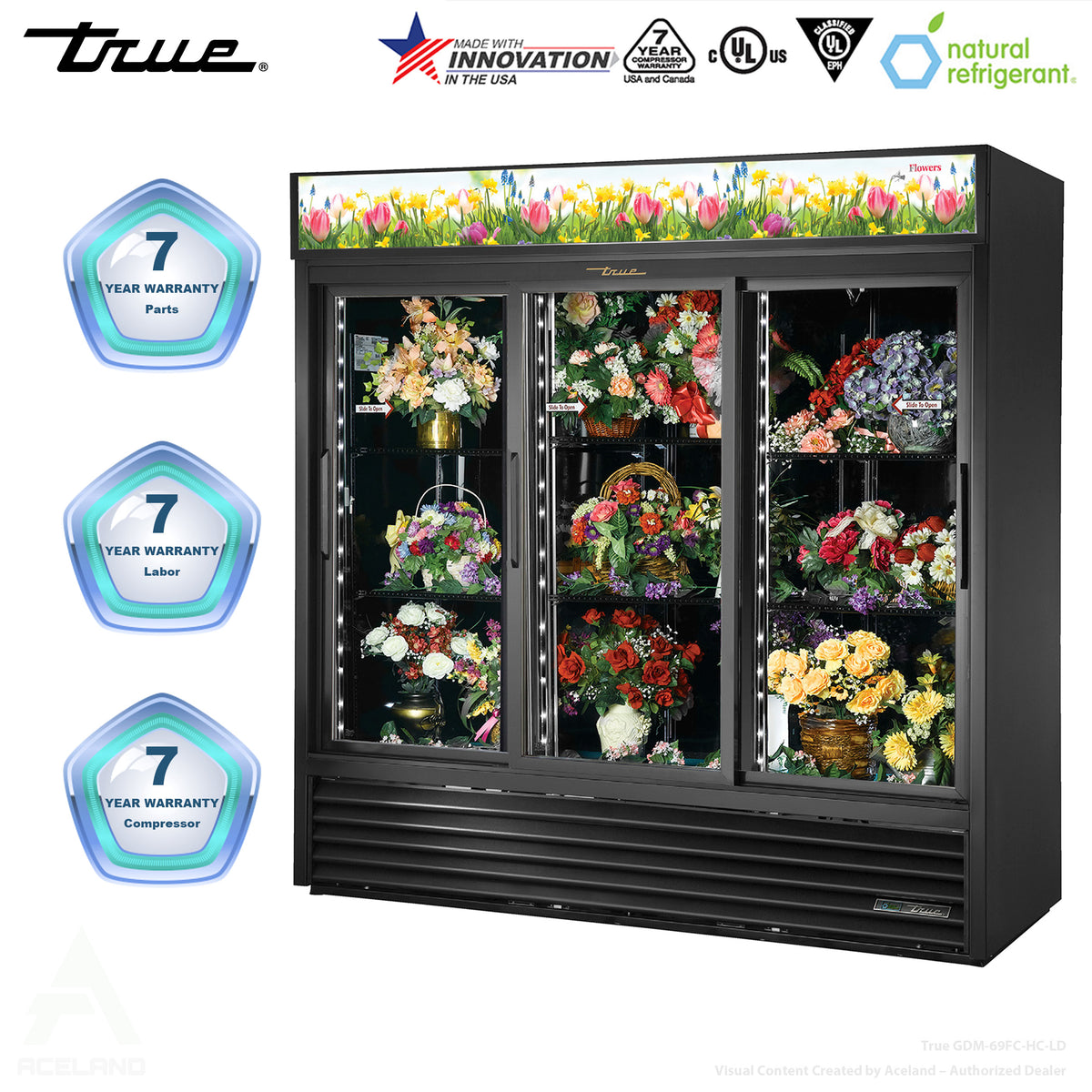 True GDM-69FC-HC-LD 78" Three Section Sliding Glass Door Floral Merchandiser, 11