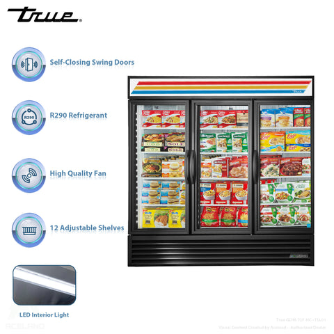 True GDM-72F-HC~TSL01 78" Three Section Glass Swing Door Merchandiser Freezer, 7