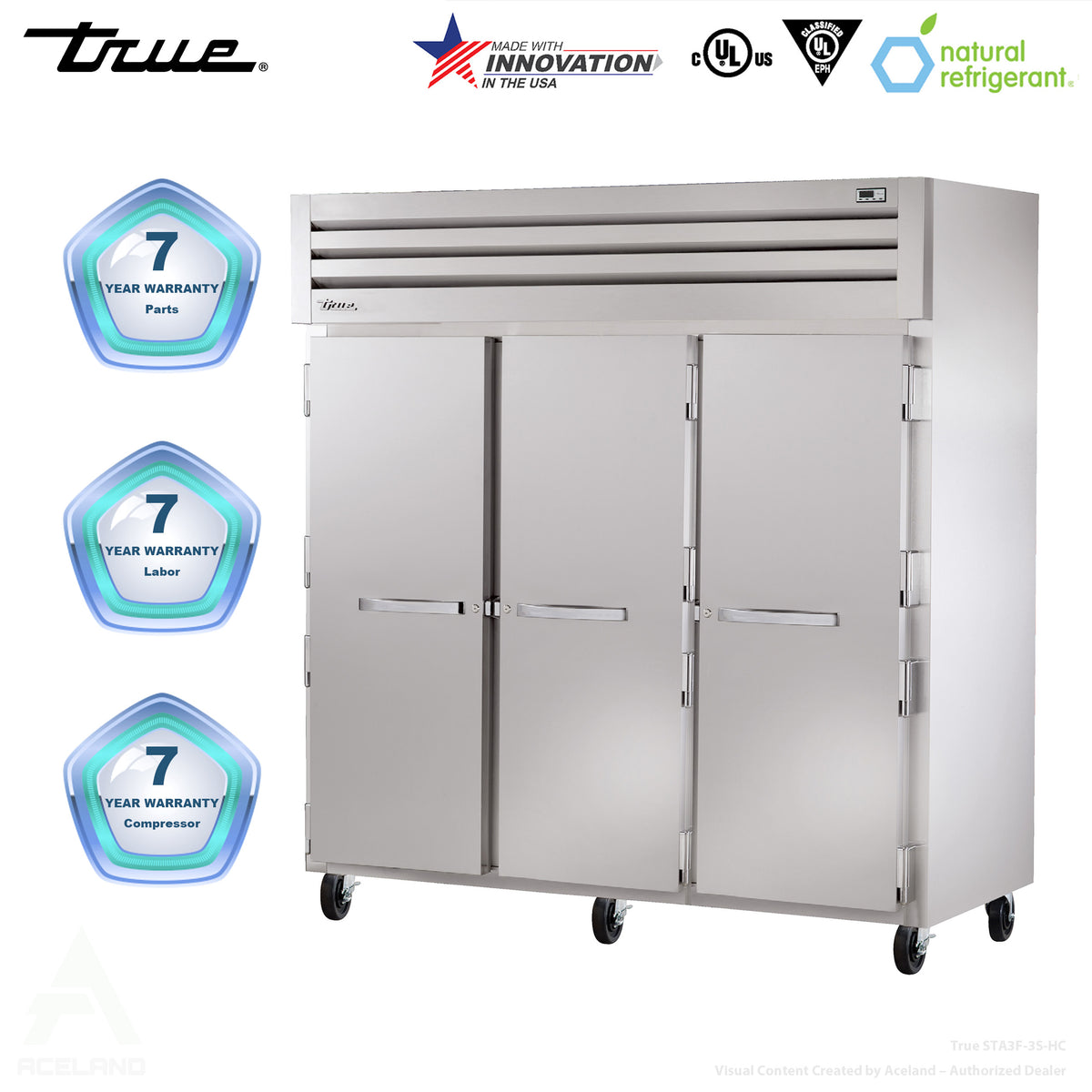 True STA3F-3S-HC 78" Three Section Reach In Freezer, (3) Solid Doors, 208 230v/1ph