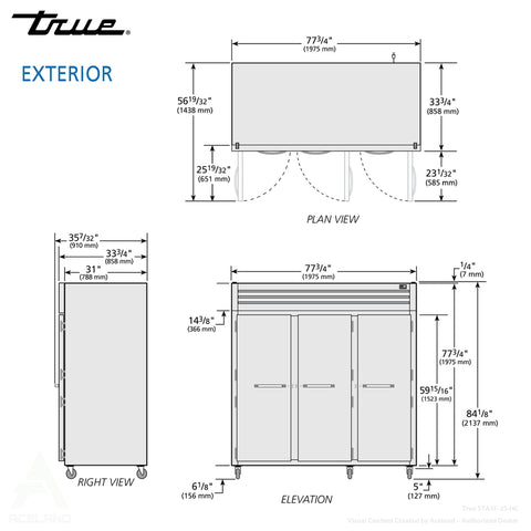 True STA3F-3S-HC 78" Three Section Reach In Freezer, (3) Solid Doors, 208 230v/1ph