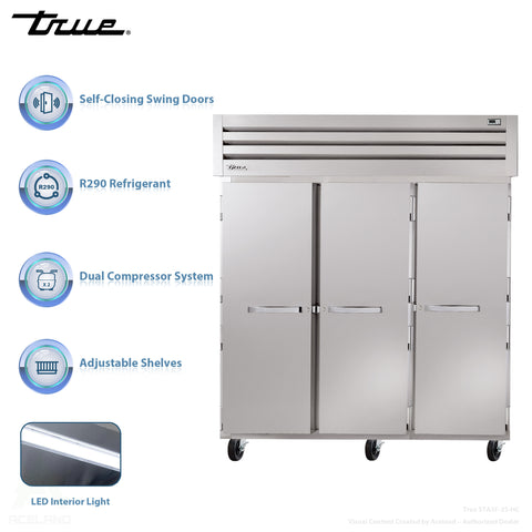 True STA3F-3S-HC 78" Three Section Reach In Freezer, (3) Solid Doors, 208 230v/1ph