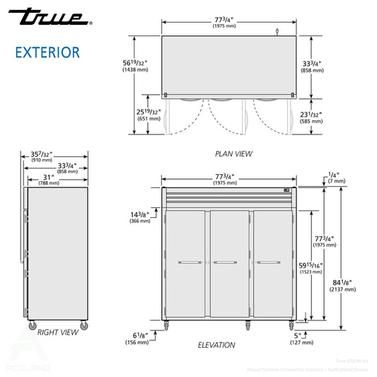 True STG3R-3S-HC 77 3/4" Three Section Reach In Refrigerator, (3) Left/Right Hinge Solid Doors, 115v