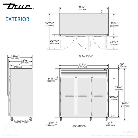 True STG3R-3S-HC 77 3/4" Three Section Reach In Refrigerator, (3) Left/Right Hinge Solid Doors, 115v