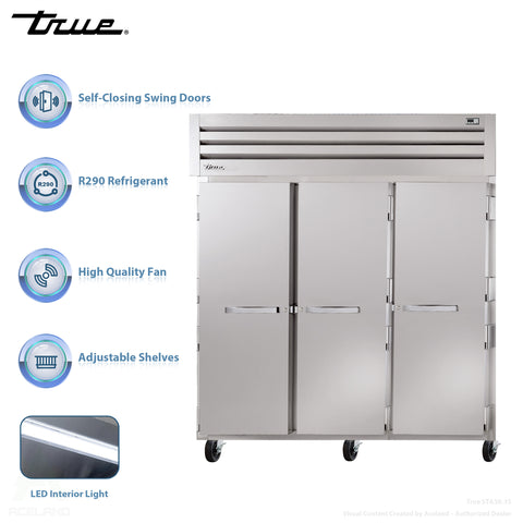 True STG3R-3S-HC 77 3/4" Three Section Reach In Refrigerator, (3) Left/Right Hinge Solid Doors, 115v