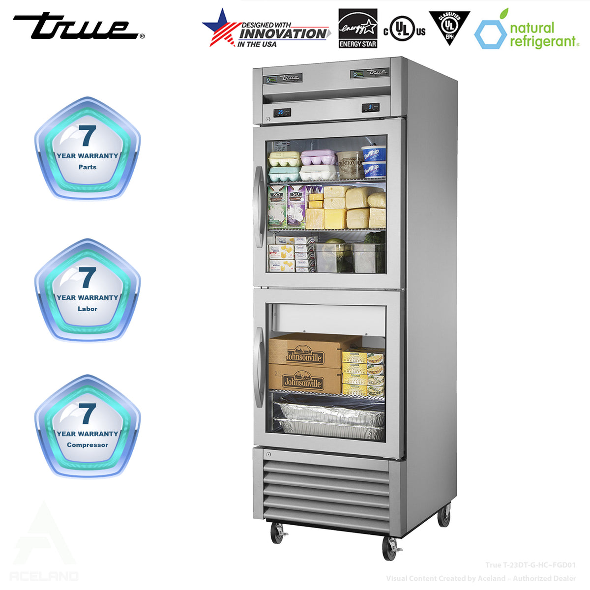 True T-23DT-G-HC~FGD01 27" Dual-Temperature Glass Door Refrigerator / Freezer, Top Refrigerator & Bottom Freezer, 115V