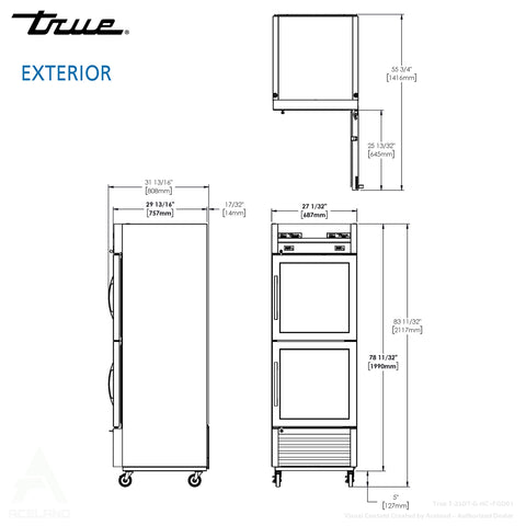 True T-23DT-G-HC~FGD01 27" Dual-Temperature Glass Door Refrigerator / Freezer, Top Refrigerator & Bottom Freezer, 115V