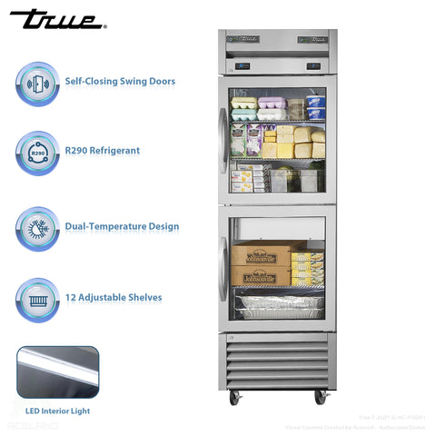 True T-23DT-G-HC~FGD01 27" Dual-Temperature Glass Door Refrigerator / Freezer, Top Refrigerator & Bottom Freezer, 115V