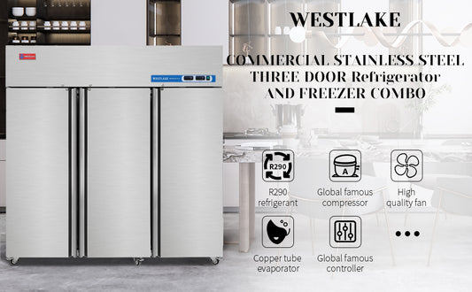 WESTLAKE WK-72F Commercial Freezer 72"W 3 Door 3 Section Stainless Steel Reach-in Fan Cooling 54 Cu.ft Freezer for Restaurant, Bar, Shop, etc