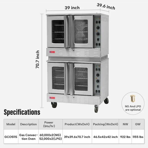 Commercial Convection Oven, WESTLAKE GCO511S 39" Double Deck Full Size Commercial Gas Convection Oven with Legs - 120,000 BTU