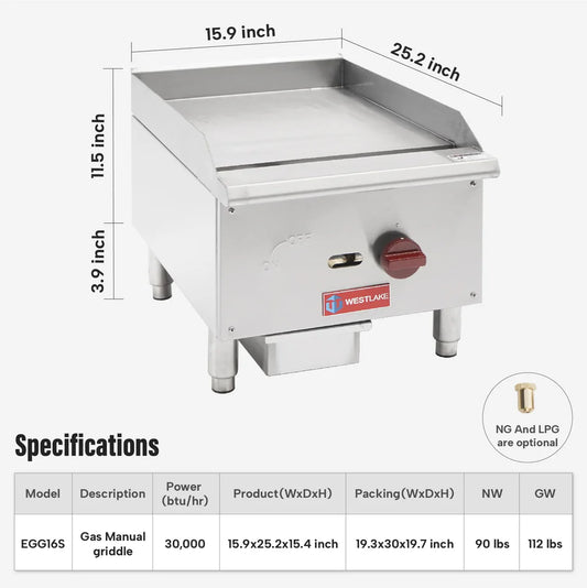 Commercial Gas Griddle, WESTLAKE EGG-16S 16" Countertop Griddle 1 Burner Plate Grill 30,000 BTU