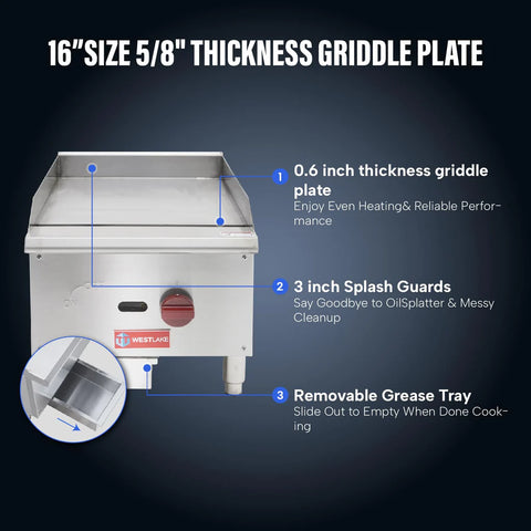 Commercial Gas Griddle, WESTLAKE EGG-16S 16" Countertop Griddle 1 Burner Plate Grill 30,000 BTU