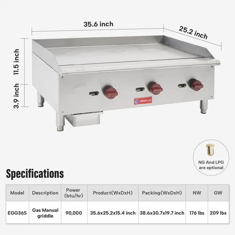 Commercial Gas Griddle, WESTLAKE 36" Countertop Griddle 3 Burner Plate Grill 90,000 BTU