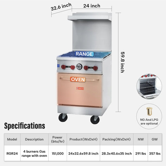 RGR24 Commercial Gas Range & Stove, WESTLAKE 4 Burner 24" Commercial Gas Range with Standard Oven - 151,000 BTU