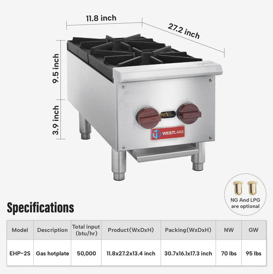 Commercial Hot Plate, WESTLAKE EHP-2S 12" Countertop Gas Range Restaurant 2 Burner Gas Stove with 50,000 BTU