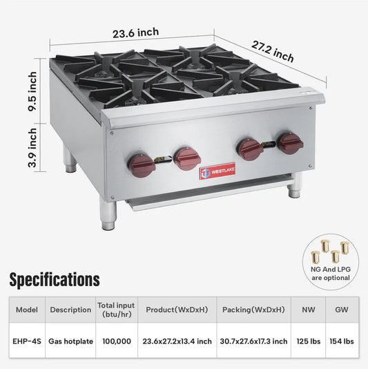 Commercial Hot Plate, WESTLAKE EHP-4S 24" Countertop Gas Range Restaurant 4 Burner Gas Stove with 100,000 BTU