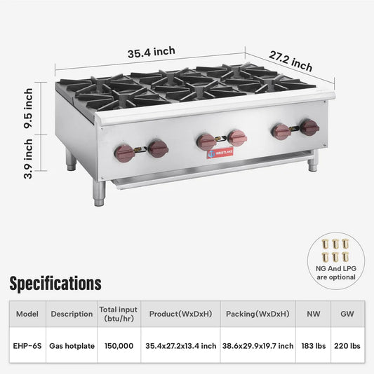 Commercial Hot Plate, WESTLAKE EHP-6S 36" Countertop Gas Range Restaurant 6 Burner Gas Stove with 150,000 BTU