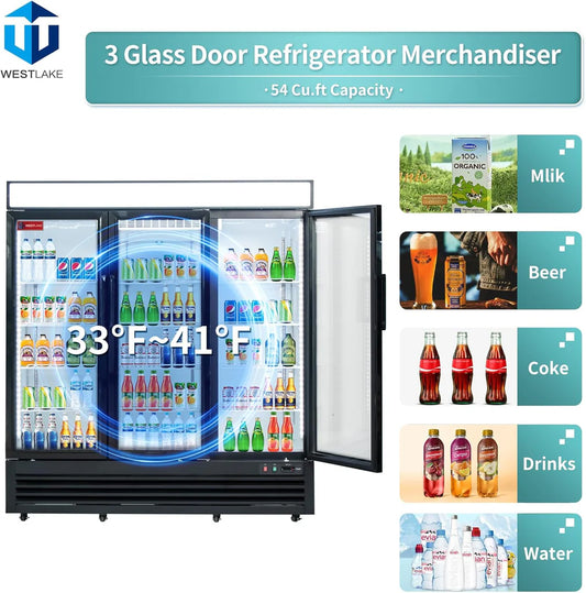 Commercial Refrigerator 3 Glass Door, WESTLAKE WKR-72GB 72" W Merchandiser Reach-in Cooler Upright Fridge 54 Cu.ft for Restaurant, Bar, Shop, Retail