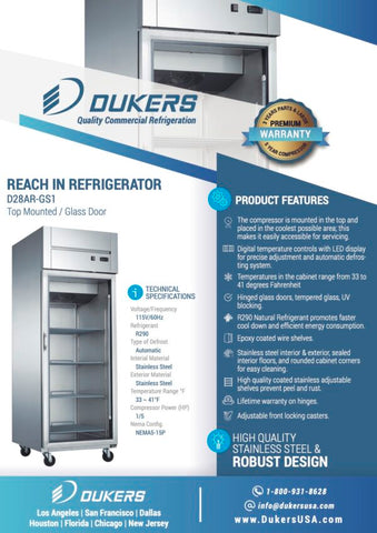 Dukers D28AR-GS1 28" One Section Glass Door Top Mount Reach-In Refrigerator | 17