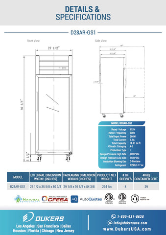 Dukers D28AR-GS1 28" One Section Glass Door Top Mount Reach-In Refrigerator | 17