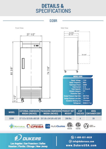 Dukers D28R Single Door Commercial Refrigerator in Stainless Steel