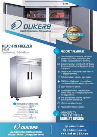 Dukers D55AF Commercial 2-Door Top Mount Freezer in Stainless Steel