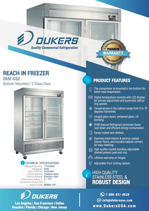 Dukers - D55F 2-Door Commercial Freezer in Stainless Steel