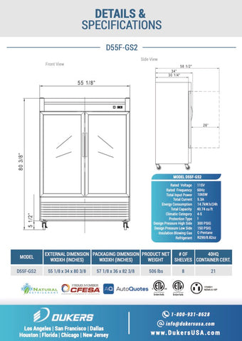 Dukers D55F-GS2 Bottom Mount Glass 2-Door Commercial Reach-in Freezer