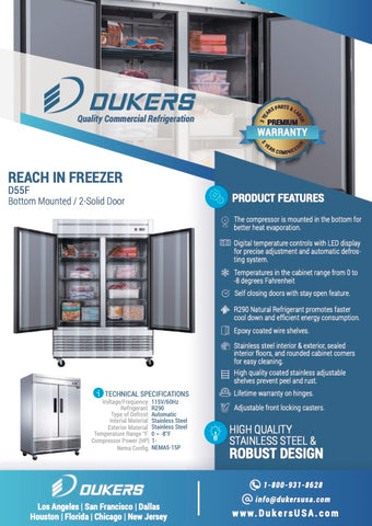 Dukers D55F 2-Door Commercial Freezer in Stainless Steel