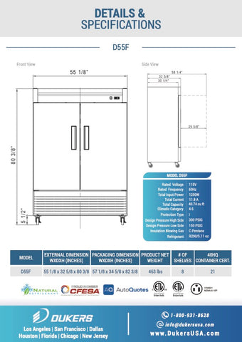 Dukers D55F 2-Door Commercial Freezer in Stainless Steel