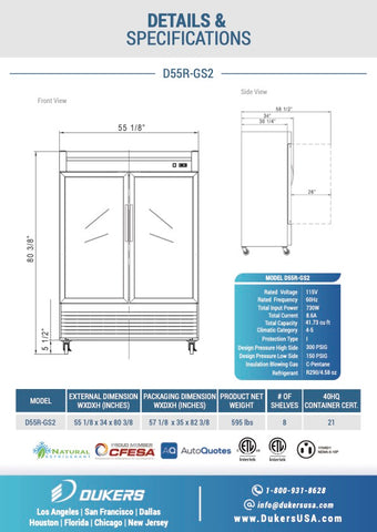 Dukers D55R-GS2 Bottom Mount Glass 2-Door Commercial Reach-in Refrigerator