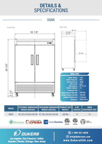 Dukers D55R 2-Door Commercial Refrigerator in Stainless Steel