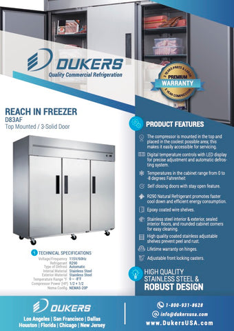 Dukers D83AF Commercial 3-Door Top Mount Freezer in Stainless Steel