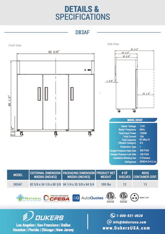 Dukers D83AF Commercial 3-Door Top Mount Freezer in Stainless Steel