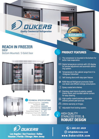 Dukers D83F 3-Door Commercial Freezer in Stainless Steel