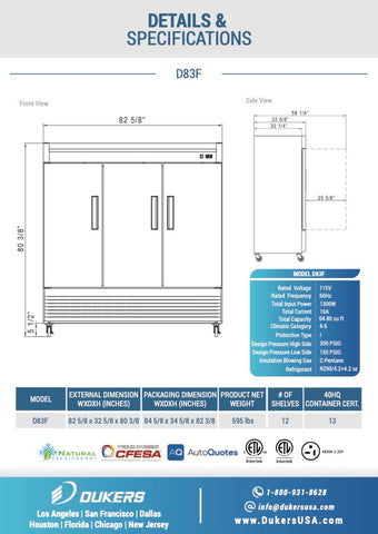 Dukers D83F 3-Door Commercial Freezer in Stainless Steel