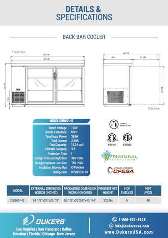 Dukers DBB60-H2 60" Two Swing Door Bar and Beverage Cooler - 15.2 Cu. Ft.