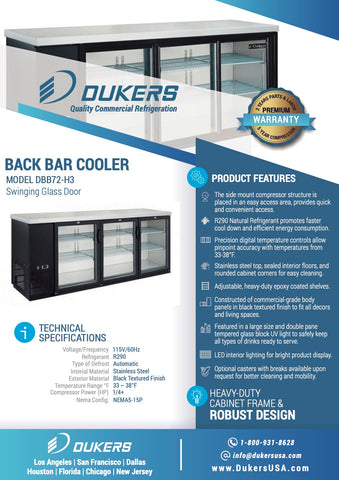 Dukers DBB-72-H3  3-Door 72" Bar and Beverage Cooler (Hinge Doors) 19.2 Cu Ft