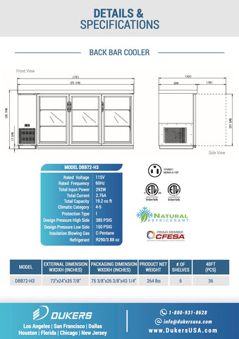 Dukers DBB-72-H3  3-Door 72" Bar and Beverage Cooler (Hinge Doors) 19.2 Cu Ft