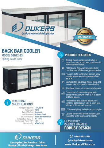 Dukers DBB72-S3 3 Door Bar and Beverage Cooler (Sliding Doors)