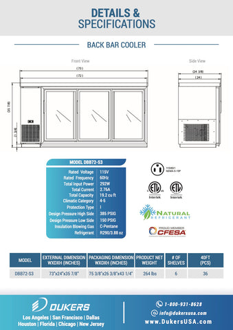 Dukers DBB72-S3 3 Door Bar and Beverage Cooler (Sliding Doors)