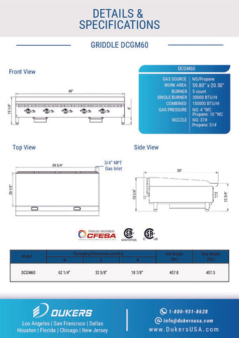Dukers DCGM60 60 in. W Griddle with 5 Burners