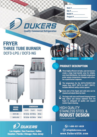 Dukers DCF3-LPG Liquid Propane 40lb Gas Fryer with 3 Tube Burners