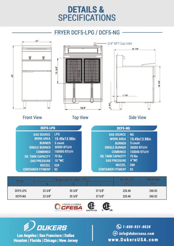 Dukers DCF5-NG Natural Gas 70lb Fryer with 5 Tube Burners