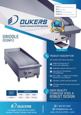 Dukers DCGM12 12 in. W Griddle with 1 Burner