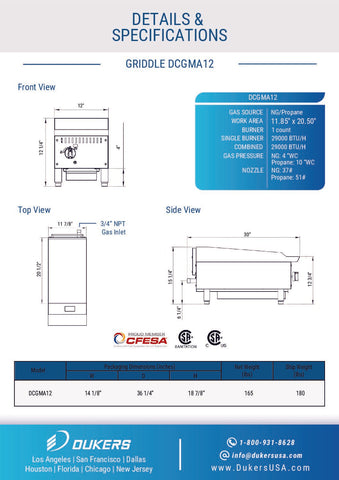 Dukers DCGMA12 12 in. W Griddle with 1 Burner