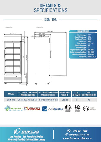 Dukers DSM-19R Commercial Single Glass Swing Door Merchandiser Refrigerator 18.7 cu. ft.